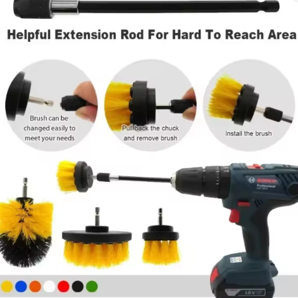 Electric Drill Brush Cleaning Kit – Nylon Scrubber Brushes for Carpet, Glass, and Car Tires (2”, 3.5”, 4”)